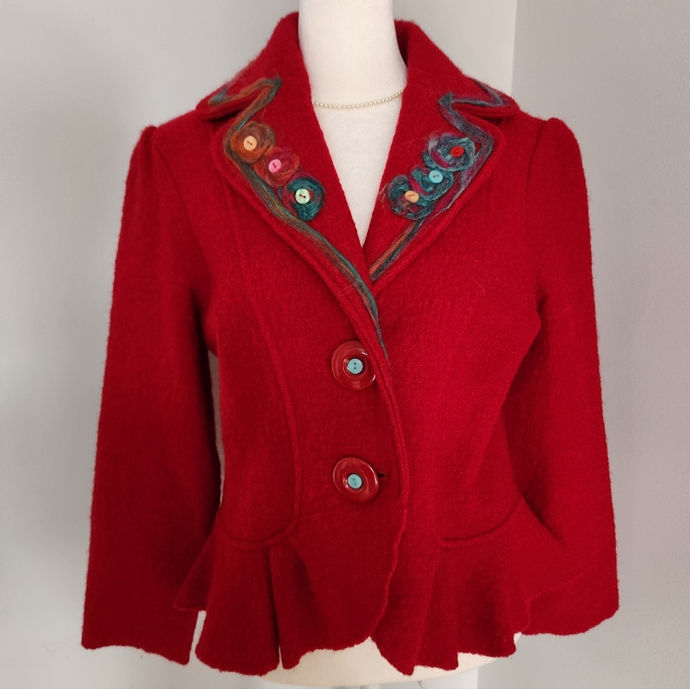 Lisa International Red Wool Peplum Jacket with Embroidered Collar PM